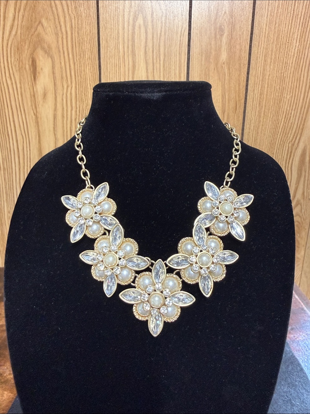 Charming Charlie Gold Floral Pearl & Crystal Bib Necklace